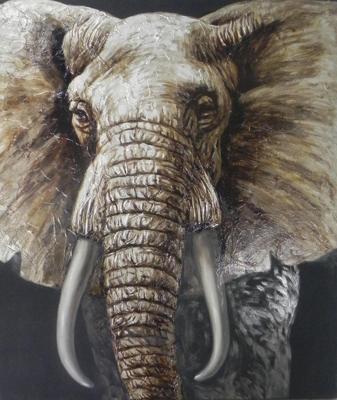 Schilderij - Handgeschilderd - Olifant in close up, olieverf, 100x100 cm.