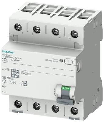Siemens 5SV33464 5SV3346-4 Aardlekschakelaar B 4-polig 63 A 0.03 A 400 V Siemens 5SV33464 5SV3346-4 Aardlekschakelaar B 4-polig 63 A 0.03 A 400 V