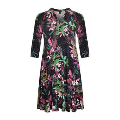 Yoek jurk TROPIC DOTS met bladprint en volant donkerblauw/roze/groen Yoek jurk TROPIC DOTS met bladprint en volant donkerblauw/roze/groen