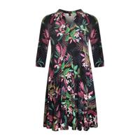 Yoek jurk TROPIC DOTS met bladprint en volant donkerblauw/roze/groen - thumbnail