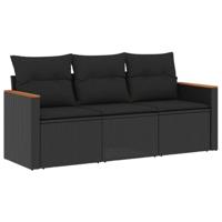 3-delige Loungeset met kussens poly rattan zwart - thumbnail
