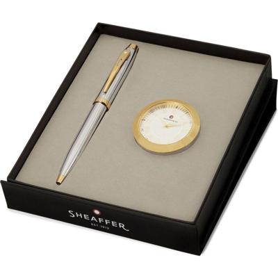 Sheaffer SF-G2934051-1 Balpen 100 M Giftset Bright Chrome Gold Tone Met Gold Plated + Tafelklok Sheaffer SF-G2934051-1 Balpen 100 M Giftset Bright Chrome Gold Tone Met Gold Plated + Tafelklok