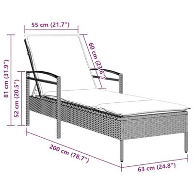 Ligbed met kussen 63x200x81 cm poly rattan lichtgrijs - thumbnail