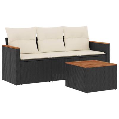 3-delige Loungeset met kussens poly rattan zwart - thumbnail