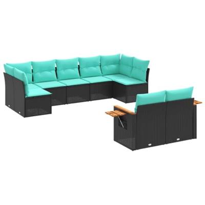 9-delige Loungeset met kussens poly rattan zwart