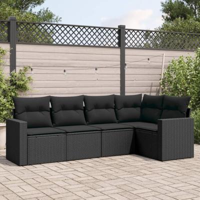 5-delige Loungeset met kussens poly rattan zwart - thumbnail