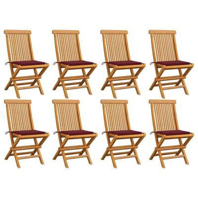 Tuinstoelen 8 st met wijnrode kussens massief teakhout