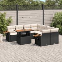 9-delige Loungeset met kussens poly rattan zwart - thumbnail