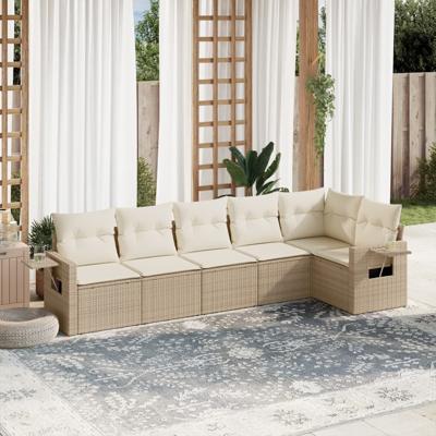 6-delige Loungeset met kussens poly rattan beige