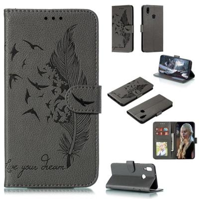 Voor Galaxy A10s Feather patroon Litchi textuur horizontale Flip lederen draagtas met houder & portemonnee & kaartsleuven (grijs)