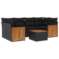 7-delige Loungeset met kussens poly rattan zwart - thumbnail