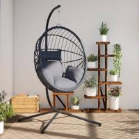 VidaXL Hangstoel met standaard rattan en staal lichtgrijs - thumbnail