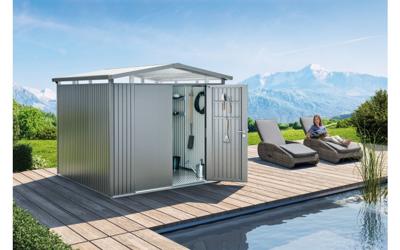 Biohort Panorama Gr. P2 metalen tuinhuis met standaard deur 273x198 cm kwartsgrijs metallic- Zadeldak- Staal- Biohort - thumbnail