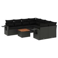 9-delige Loungeset met kussens poly rattan zwart - thumbnail