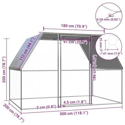 Kippenkooi 3x2x2 m gegalvaniseerd staal zilverkleurig en grijs