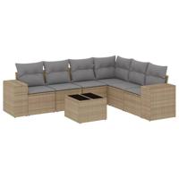 7-delige Loungeset met kussens poly rattan beige - thumbnail