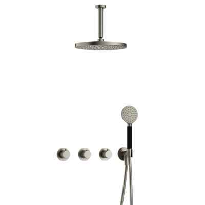 Hotbath Cobber X - CX7067 - Inbouw Regendoucheset - Geborsteld Nikkel - 2 Stopkranen - Thermostatisch - Plafondbuis 15 cm - Hoofddouche 300 mm - Ronde Handdouche 3 Standen - met M106 - Waterbesparend