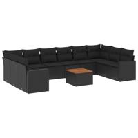 11-delige Loungeset met kussens poly rattan zwart - thumbnail