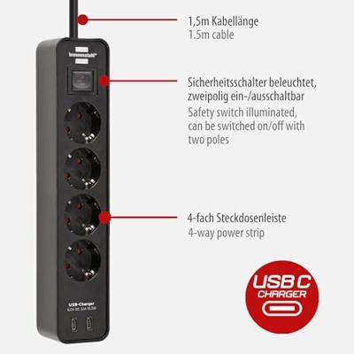 Ecolor 4-voudige stekkerdoos met USB-oplaadaansluiting (stopcontact met 2x USB C, schakelaar en 1,5