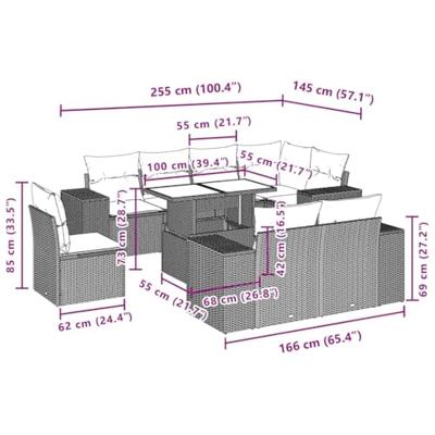 9-delige Loungeset met kussens poly rattan zwart