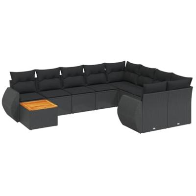 10-delige Loungeset met kussens poly rattan zwart