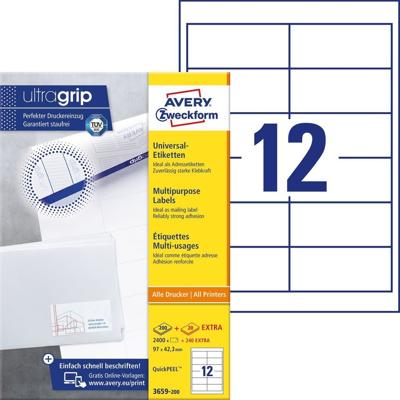 Avery-Zweckform 3659-200 Universele etiketten 97 x 42.3 mm Papier Wit 2640 stuk(s) Permanent hechtend Inkjet, Laser (zwart/wit), Laser (kleur), Kopiëren Avery-Zweckform 3659-200 Universele etiketten 97 x 42.3 mm Papier Wit 2640 stuk(s) Permanent hechtend Inkjet, Laser (zwart/wit), Laser (kleur), Kopiëren