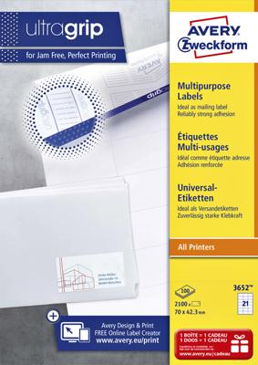 Avery Zweckform 3652, Universele etiketten, Ultragrip, wit, 100 vel, 21 per vel, 70 x 42,3 mm Avery Zweckform 3652, Universele etiketten, Ultragrip, wit, 100 vel, 21 per vel, 70 x 42,3 mm