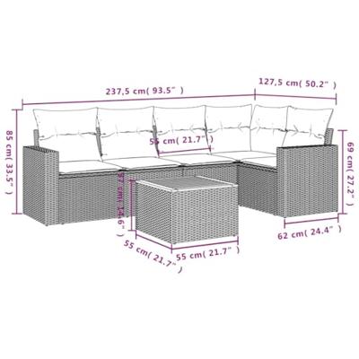 6-delige Loungeset met kussens poly rattan beige