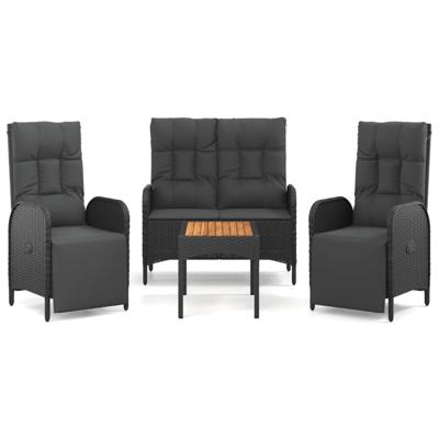 4-delige Tuinset met kussens poly rattan zwart
