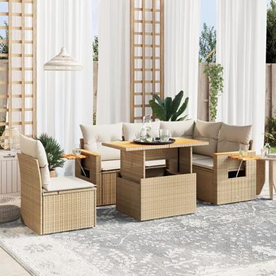 6-delige Loungeset met kussens poly rattan beige