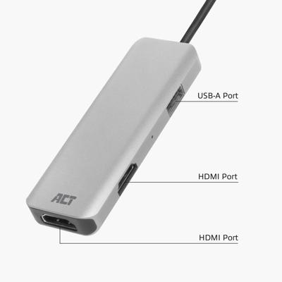 ACT USB-C 4K multiport adapter voor 2 HDMI schermen, USB-A datapoort ACT USB-C 4K multiport adapter voor 2 HDMI schermen, USB-A datapoort
