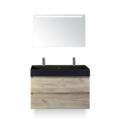 Maxx XL Badmeubelset 100 cm - Craft Oak - Wastafel Kube Zwart 2 kraangaten - met LED Spiegel