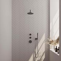 Regendoucheset Inbouw Brauer Gunmetal Edition Thermostatisch 20 cm met Gebogen Wandarm en Handdouche Staaf Losse Stopkranen Geborsteld Gunmetal Brauer - thumbnail