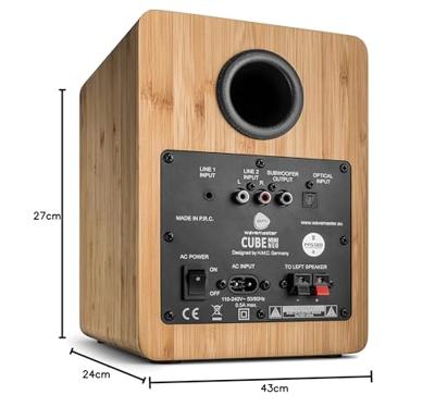 Wavemaster CUBE MINI bamboe - luidsprekersysteem (36 watt) met bluetooth-streaming, digitale aansluiting en IR-afstandsbediening, actieve boxen, gebruik voor TV/tablet/smartphone, bamboe (66372)