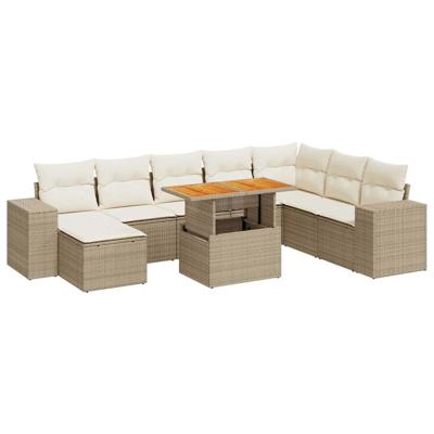 9-delige Loungeset met kussens poly rattan acacia beige