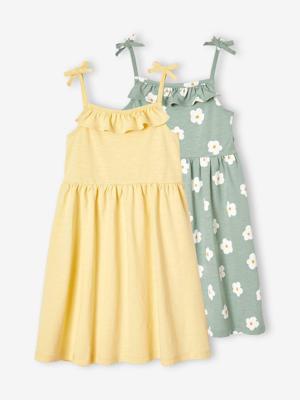 Set van 2 meisjesjurken met schouderbandjes, 1 bedrukt + 1 effen saliegroen