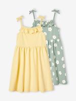 Set van 2 meisjesjurken met schouderbandjes, 1 bedrukt + 1 effen saliegroen - thumbnail
