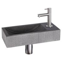 Fonteinset Differnz Ribble Natuursteen 38x18x8 cm Zwart Met Rechte Kraan Mat Chroom Differnz - thumbnail