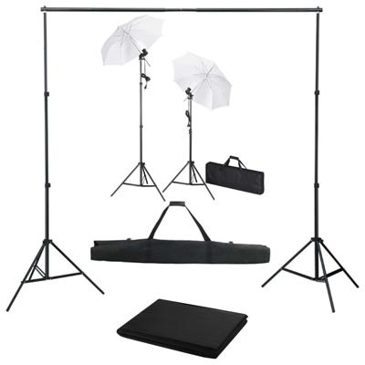Fotostudioset met achtergrond, lampen en paraplu's