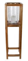 Windlicht vierkant op voet steenslag glas XXL naturel hout 28x28x100cm - thumbnail