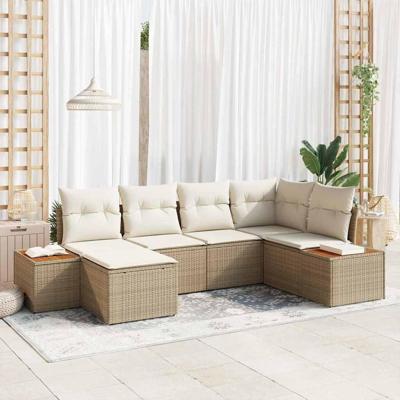 6-delige tuinsofa set met kussens in beige van poly rattan en acacia