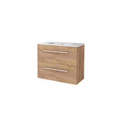 Basic-Line Start 39 Badkamermeubelset - Ondiep - 80 x 39 cm - Met Grepen - 2 Lades - Keramische Wastafel - 1 Kraangat - Whisky Oak