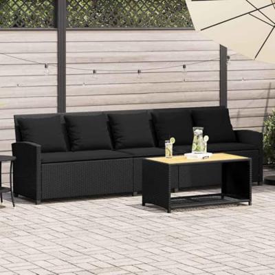 Tuinbank 5-zits met kussens poly rattan zwart