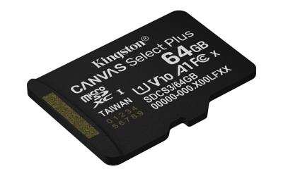 Kingston Technology 64GB microSDXC Canvas Select Plus Gen3 100MB/s A1 kaart + adapter