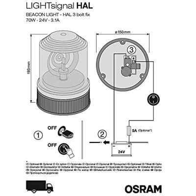 Osram Automotive Light Signal Halogen Beacon Light RBL101 Zwaailicht 24 V werkt op boordnet Schroefmontage Oranje