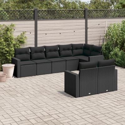8-delige Loungeset met kussens poly rattan zwart - thumbnail