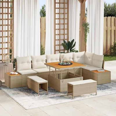 9-delige Tuinbankenset met kussens poly rattan acacia beige
