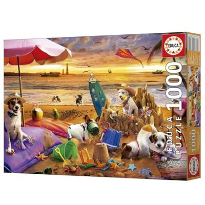 Puzzel Educa Perros jugando en la playa 1000 Onderdelen
