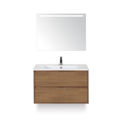 Porto Badmeubelset 90 cm - Honey - Keramische Wastafel Wit Slim - met Sence Spiegel