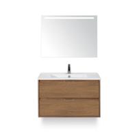 Porto Badmeubelset 90 cm - Honey - Keramische Wastafel Wit Slim - met Sence Spiegel - thumbnail